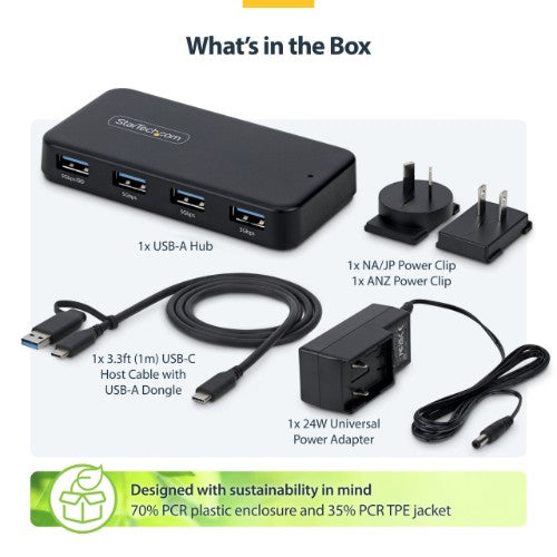 StarTech.com 4-Port USB-A Hub, 5Gbps, Self-Powered, 2-in-1 USB-C and USB-A Host Cable, 1x BC 1.2 Charging Port, 24W Power Adapter Included, MacBook and Windows