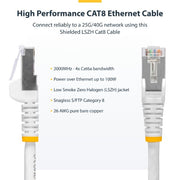 StarTech.com 50cm White CAT8 Ethernet Cable, Snagless RJ45, 25G/40G, 2000MHz, 100W PoE++, S/FTP, 26AWG Pure Bare Copper Wire, LSZH, Shielded Network Patch Cord w/Strain Reliefs, Individually Tested