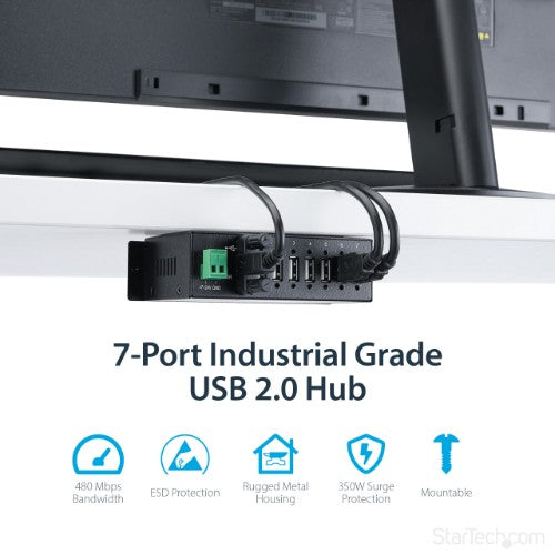 StarTech.com 7-Port USB 2.0 Hub - Metal Industrial USB-A Hub with ESD Protection & 350W Surge Protection - Din Rail, Wall or Desk Mountable - TAA Compliant USB Expander Hub