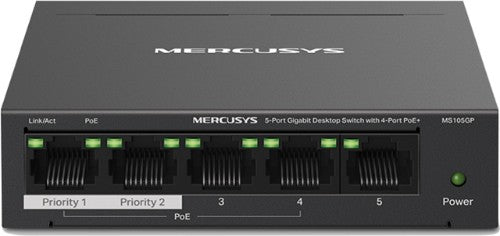 TP-LINK Mercusys MS105GP 5-Port Gigabit Desktop Switch with 4-Port PoE+, 10/100/1000 Mbps RJ45 ports, Up to 250 m