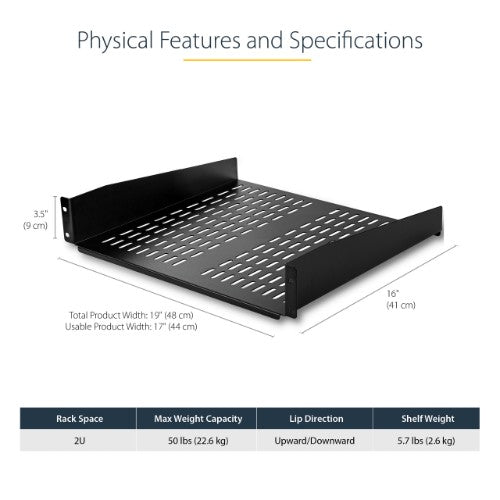 StarTech.com 2U Server Rack Shelf - Universal Vented Rack Mount Cantilever Tray for 19" Network Equipment Rack & Cabinet - Heavy Duty Steel - Weight Capacity 50lb/23kg - 16" Deep Shelf, Black - TAA