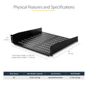 StarTech.com 2U Server Rack Shelf - Universal Vented Rack Mount Cantilever Tray for 19" Network Equipment Rack & Cabinet - Heavy Duty Steel - Weight Capacity 50lb/23kg - 16" Deep Shelf, Black - TAA