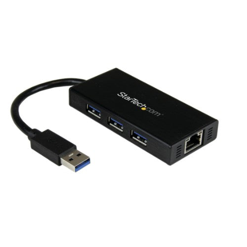 StarTech.com 3-Port Portable USB 3.0 Hub plus Gigabit Ethernet - 5Gbps - Aluminum with Built-in Cable - TAA