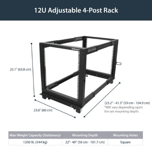 StarTech.com 12U 4-Post Server Rack, 19in Open Frame Rack with 40in (101cm) Mounting Depth and 1200lb (544kg) Weight Capacity, Mobile or Floor Mount IT Rack