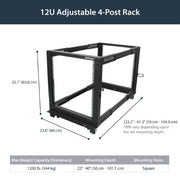 StarTech.com 12U 4-Post Server Rack, 19in Open Frame Rack with 40in (101cm) Mounting Depth and 1200lb (544kg) Weight Capacity, Mobile or Floor Mount IT Rack