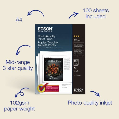 Epson A4 Photo Quality Inkjet Paper 102gsm, 100 sheets