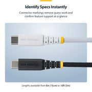 StarTech.com 15cm (6in) White USB-C Charging Cable, 60W (3A) PD, Dual-Layer Braided Nylon/TPE Jacket, Rugged USB C Charging Cord, USB 2.0 Laptop Charger Cable