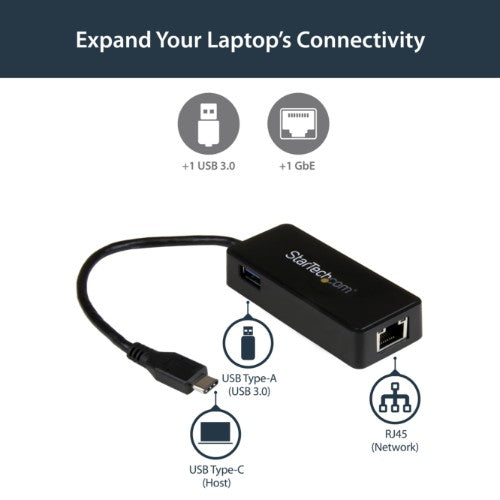 StarTech.com USB-C to Gigabit Network Adapter with Extra USB 3.0 Port - Black