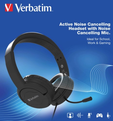 Verbatim Active Noise Cancelling Headset with Noise Cancelling Mic Wired Head-band Calls/Music Black