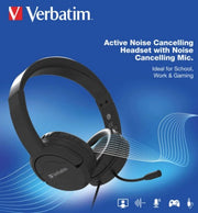 Verbatim Active Noise Cancelling Headset with Noise Cancelling Mic Wired Head-band Calls/Music Black