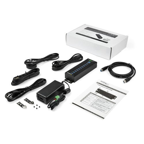 StarTech.com 10-Port USB 3.0 Hub with Power Adapter - Metal Industrial USB-A Hub with ESD & 350W Surge Protection - Din/Wall/Desk Mountable - High Speed USB 3.2 Gen 1 (5Gbps) Hub - TAA