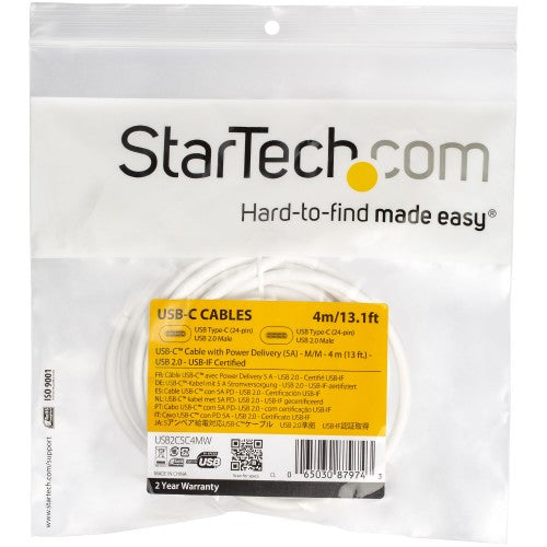 StarTech.com 13ft (4m) USB-C Fast Charging Cable, Charge & Sync, 100W (5A) PD, USB 2.0, USB-IF Certified - White USB C Charging Cord