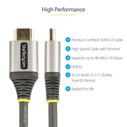 StarTech.com 13ft (4m) Premium Certified HDMI 2.0 Cable - High-Speed Ultra HD 4K 60Hz HDMI Cable with Ethernet - HDR10, ARC - TPE Jacket - UHD HDMI Video Cord - For UHD Monitors, TVs, Displays - M/M