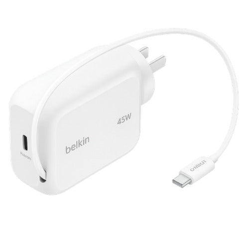 BELKIN UltraCharge Retractable 45W USB-C GaN Wall Charger - White(WCH023auWH),1x USB-C, 1x Retractable USB-C Cable,$2500 CEW, 2 Years Warranty