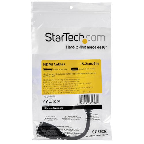 StarTech.com 6in (15cm) HDMI Port Saver Cable - 4K 60Hz High Speed HDMI 2.0 Extension Cable with Ethernet - Short HDMI Extension Cable - HDMI Male to Female Extension Adapter Cord
