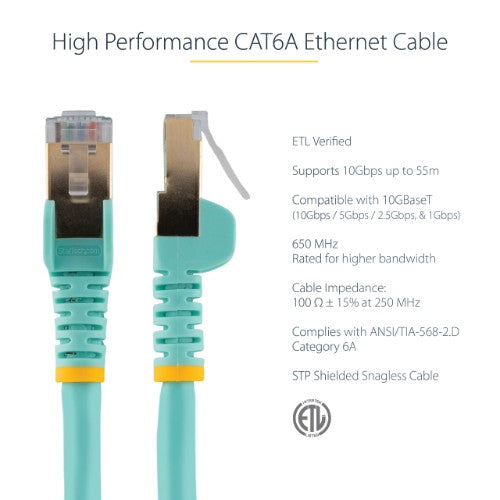 StarTech.com 7m CAT6a Ethernet Cable - 10 Gigabit Shielded Snagless RJ45 100W PoE Patch Cord - 10GbE STP Network Cable w/Strain Relief - Aqua Individually Tested/Wiring is UL Certified/TIA