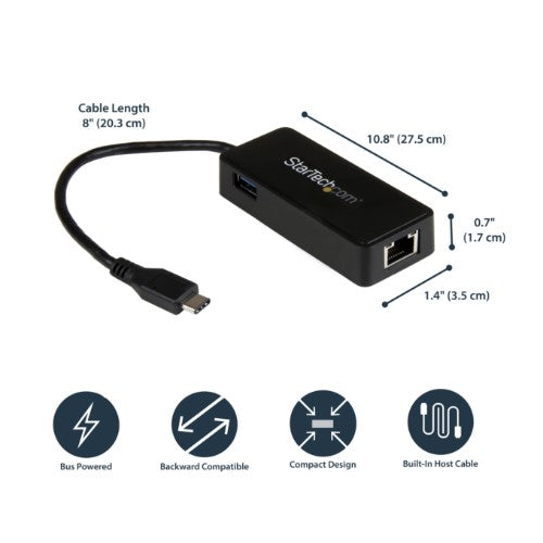 StarTech.com USB-C to Gigabit Network Adapter with Extra USB 3.0 Port - Black