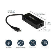 StarTech.com USB-C to Gigabit Network Adapter with Extra USB 3.0 Port - Black