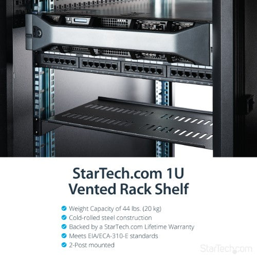 StarTech.com 1U Server Rack Shelf - Universal Vented Rack Mount Cantilever Tray for 19" Network Equipment Rack & Cabinet - Heavy Duty Steel - Weight Capacity 44lb/20kg - 10" Deep Shelf, Black