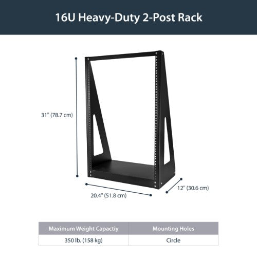 StarTech.com 16U 2-Post Open Frame Desktop Server Rack, 19in Compact Space-Saving Floor IT Rack with 350lb (160kg) Weight Capacity