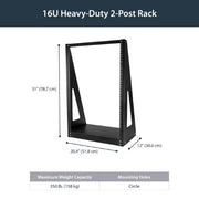 StarTech.com 16U 2-Post Open Frame Desktop Server Rack, 19in Compact Space-Saving Floor IT Rack with 350lb (160kg) Weight Capacity