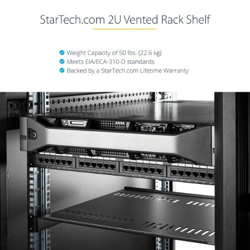 StarTech.com 2U Server Rack Shelf - Universal Vented Rack Mount Cantilever Tray for 19" Network Equipment Rack & Cabinet - Heavy Duty Steel - Weight Capacity 50lb/23kg - 16" Deep Shelf, Black - TAA