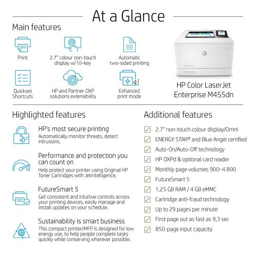 HP Color LaserJet Enterprise LaserJet Enterprise M455dn Color Printer, Ethernet Only; Duplex