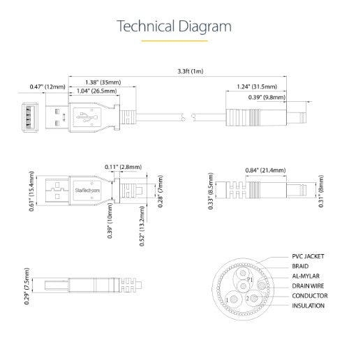 StarTech.com USB to 5.5mm Power Cable - Type N Barrel - 1m