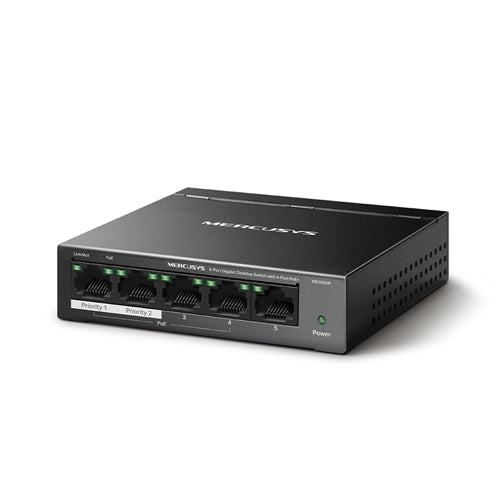TP-LINK Mercusys MS105GP 5-Port Gigabit Desktop Switch with 4-Port PoE+, 10/100/1000 Mbps RJ45 ports, Up to 250 m