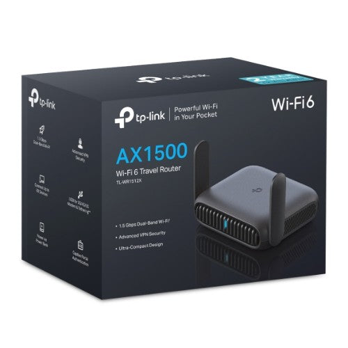 TP-LINK TL-WR1512X AX1500 Wi-Fi 6 Travel Router with AX1500 dual-band, multi-mode (AP/RE/Hotspot), USB tethering, Gigabit ports, and WPA3 security