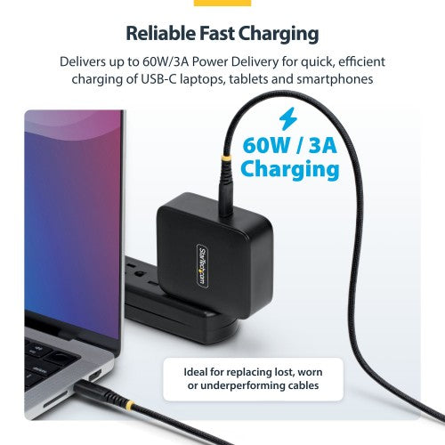 StarTech.com 15cm (6in) USB-C Charging Cable, 60W (3A) PD, Dual-Layer Braided Nylon/TPE Jacket, Rugged USB C Charging Cord, USB 2.0 Laptop Charger Cable