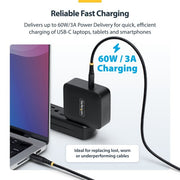 StarTech.com 1m (3ft) USB-C Charging Cable, 60W (3A) PD, Dual-Layer Braided Nylon/TPE Jacket, Rugged USB C Charging Cord, USB 2.0 Laptop Charger Cable
