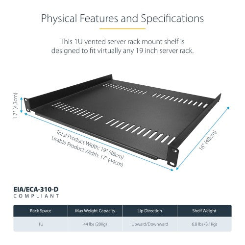 StarTech.com 2-Pack 1U Server Rack Shelf, Vented Universal Rack Mount Cantilever Shelf, For 19" Rack/Cabinet, Heavy-Duty Steel, 44lb/20kg Capacity, 16" Deep Tray