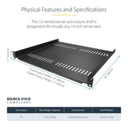 StarTech.com 2-Pack 1U Server Rack Shelf, Vented Universal Rack Mount Cantilever Shelf, For 19" Rack/Cabinet, Heavy-Duty Steel, 44lb/20kg Capacity, 16" Deep Tray