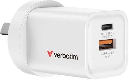 VERBATIM 2 Port 35 Watt Portable GaN charger, 1 x USB-C PD 35w, 1x USB-A QC 3.0, Compact Design Apple, Android, Samsung, Google, Huawei, Oppo