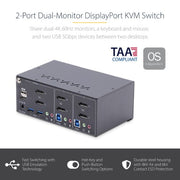 StarTech.com 2-Port Dual-Monitor DisplayPort KVM Switch, 4K 60Hz, 2x USB 5Gbps Hub Ports, 2x USB 2.0 HID Ports, Hotkey and Push-Button Switching, TAA Compliant - 3.5mm Audio, HDCP