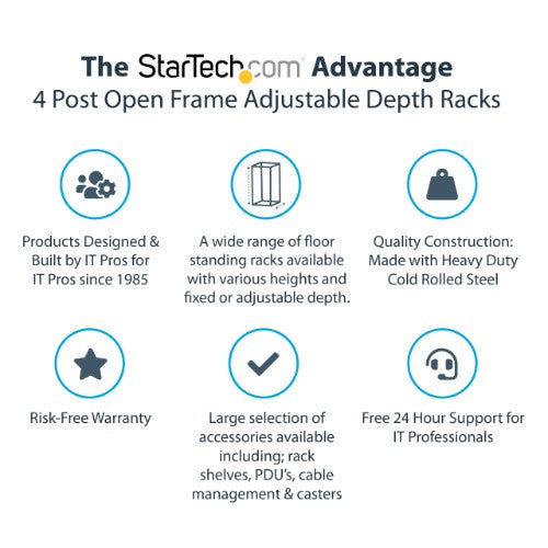 StarTech.com 42U 4-Post Server Rack, 19in Open Frame Rack with 40in (101cm) Mounting Depth and 1323lb (600kg) Weight Capacity, Mobile or Floor Mount IT Rack