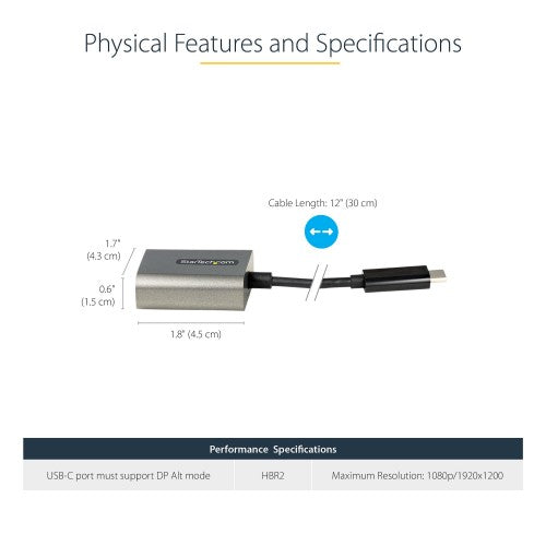 StarTech.com USB C to VGA Adapter - 1080p USB Type-C to VGA Adapter Dongle - USB-C (DP Alt Mode) to VGA Monitor/Display Video Converter - Thunderbolt 3 Compatible - 12" Long Attached Cable - Upgraded Version of CDP2VGA