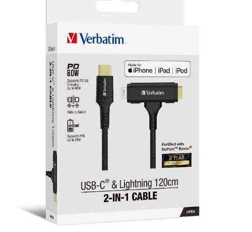 VERBATIM 2-in-1 Cable Type C to C & Lightning Kevlar Slide 120cm -BLK