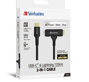 Verbatim USB-C & Lightning 2-in-1 Cable (120cm) USB cable 1.2 m USB C USB C/Lightning 0.48 Gbit/s 60 W Black