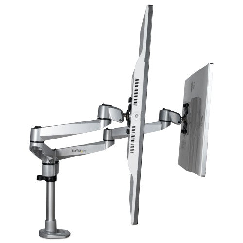 StarTech.com Desk Mount Dual Monitor Arm - Premium Articulating Monitor Arm - up to 27" (17.6lb/8kg) VESA Mount Displays - Height Adjustable Monitor Mount - Rotate/Tilt/Swivel - Clamp/Grommet - Silver - TAA