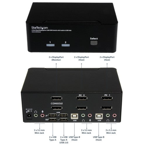 StarTech.com 2 Port Dual DisplayPort USB KVM Switch with Audio & USB 2.0 Hub - TAA