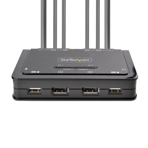 StarTech.com 2-Port Dual-Monitor DisplayPort Cable KVM Switch, 4K 60Hz, Compact KVM with 5ft/1.5m USB-A/DisplayPort/Audio Integrated Cables, Bus Powered - Remote Push Button/Hotkey Switching