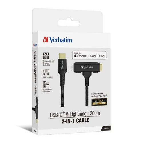 Verbatim USB-C & Lightning 2-in-1 Cable (120cm) USB cable 1.2 m USB C USB C/Lightning 0.48 Gbit/s 60 W Black