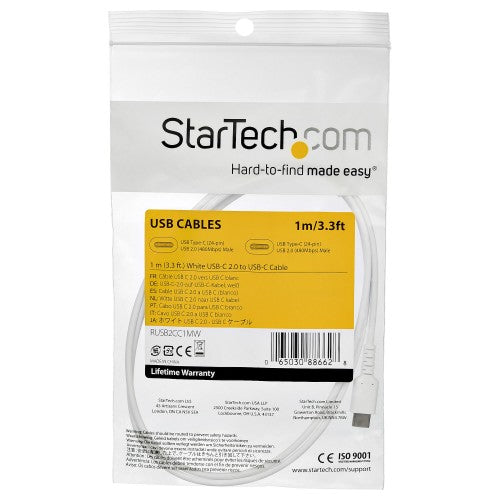 StarTech.com 3ft (1m) USB-C Fast Charging Cable, Rugged, Charge & Sync, 60W (3A) PD, USB 2.0, White TPE Jacket and Aramid Fiber - USB C Charging Cord