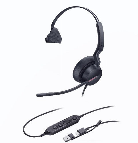 Yealink *Last Stock Yealink UH46 Mono Teams USB-C/A Microsoft Certified Teams USB Wired Headset 3-Noise-Canceling Microphones 35mm Speaker Busylight Leather C