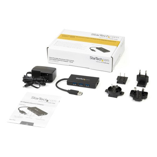 StarTech.com 3-Port Portable USB 3.0 Hub plus Gigabit Ethernet - 5Gbps - Aluminum with Built-in Cable - TAA