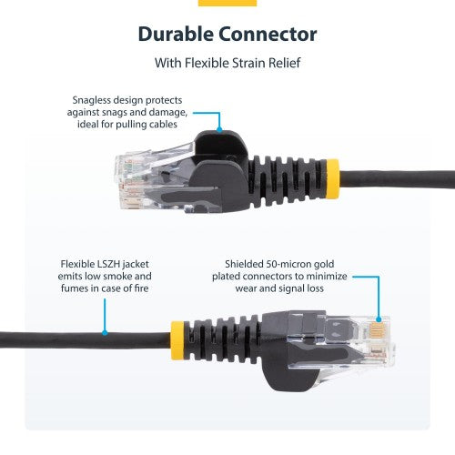 StarTech.com 1m Black Slim CAT6 Cable, 10 Pack, Snagless, 100W PoE, UTP, LSZH, 28AWG Pure Bare Copper Wire, Slim RJ45 Network Patch Cord w/Strain Reliefs, Individually Tested