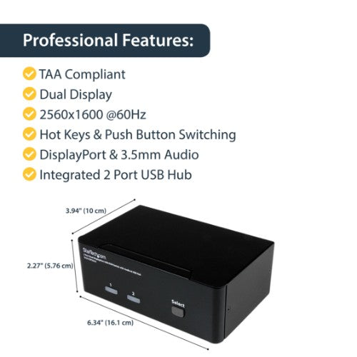 StarTech.com 2 Port Dual DisplayPort USB KVM Switch with Audio & USB 2.0 Hub - TAA