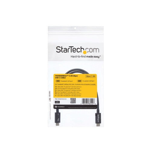 StarTech.com 50cm (1.6ft) Thunderbolt 3 Cable, 40Gbps, 100W PD, 4K/5K, Thunderbolt Certified, Compatible with Thunderbolt 4/USB 3.2/DisplayPort